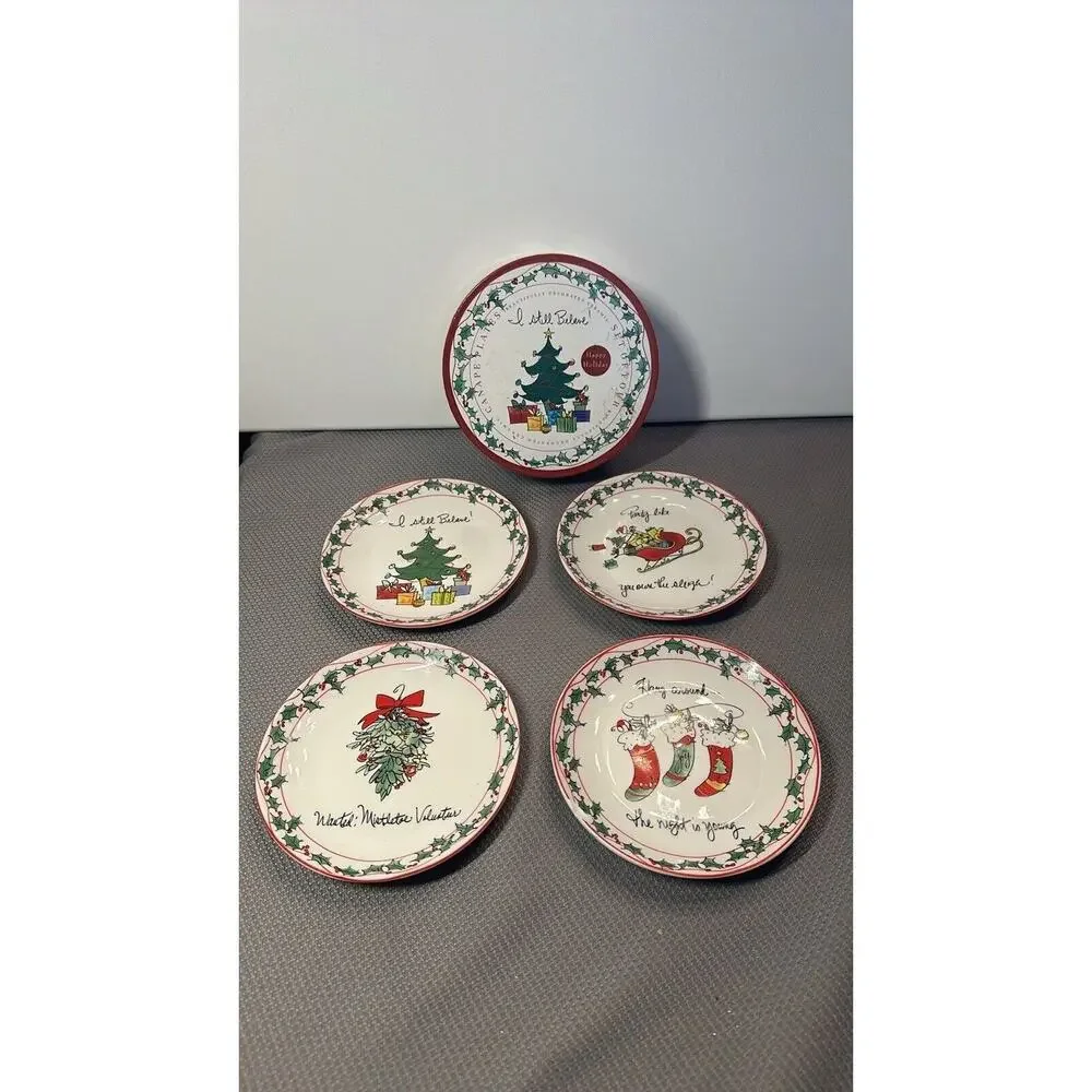 Set of 4 Certified International Ceramic Canapé Christmas plates 1 w/chip**